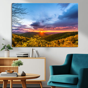 25786346-MGV-CV-36X24-Sunset Over Mountains Wall Art – Nature Landscape Canvas Print, Golden Hour Forest Photography, Scenic Sunrise Artwork for Living