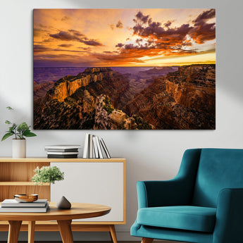 75573843-MGV-CV-36X24-Grand Canyon Sunset Wall Art – Panoramic Canyon Landscape Canvas Print, Dramatic Desert Cliffs Artwork, Nature Inspired Scenic
