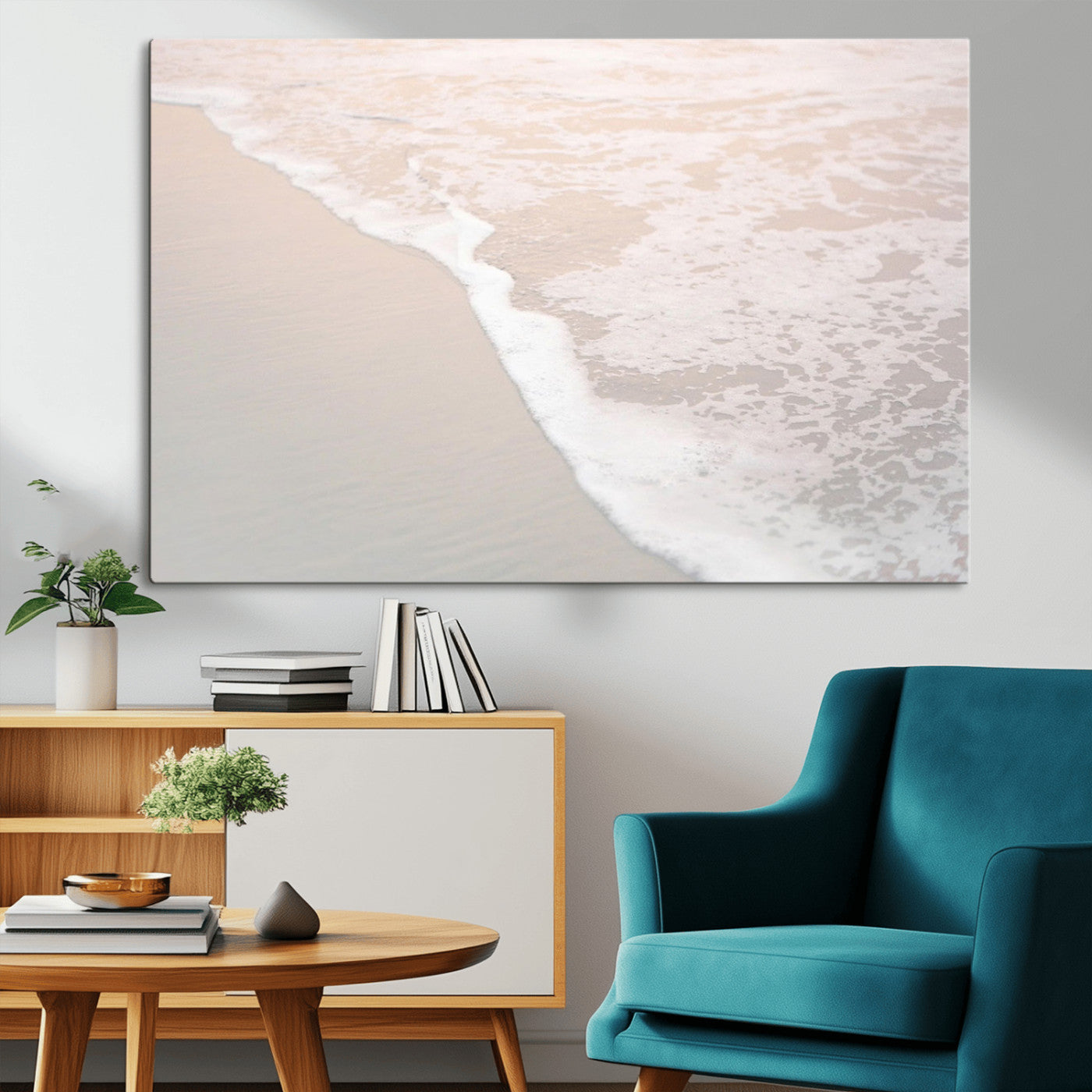 28414510-MGV-CV-36X24-Ocean Shoreline Wall Art – Minimal Coastal Beach Canvas Print, Soft Sea Foam and Sand Photography Artwork, Relaxing Nautical Decor
