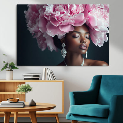 35482880-MGV-CV-36X24-Floral Portrait Wall Art – Elegant Woman with Pink Peony Headpiece Canvas Print, Luxury Fashion Inspired Artwork, Modern Glam