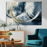 97295757-MGV-CV-36X24-Abstract Blue and Gold Wall Art – Modern Luxury Canvas Print, Navy White Brushstroke Painting, Contemporary Living Room Office