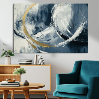 97295757-MGV-CV-36X24-Abstract Blue and Gold Wall Art – Modern Luxury Canvas Print, Navy White Brushstroke Painting, Contemporary Living Room Office