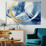 42475677-MGV-CV-36X24-Blue and Gold Abstract Wall Art – Modern Luxury Canvas Print, Navy White Brushstroke Painting, Contemporary Home Office Living