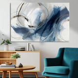 49589477-MGV-CV-36X24-Blue Abstract Wall Art – Modern Circle Canvas Print with Gold and Black Accents, Contemporary Fluid Brushstroke Painting for