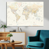 40660043-MGV-CV-36X24-World Map Wall Art – Large Detailed Atlas Style Map Print with Countries, Cities, and Oceans, Neutral Beige and Tan Educational