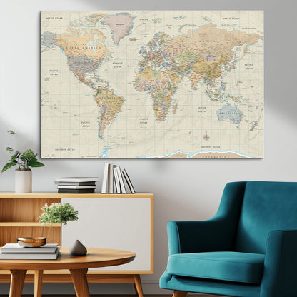 41929777-MGV-CV-36X24-World Map Wall Art – Large Detailed Political Atlas Style Map Print with Countries, Cities, and Oceans, Warm Earth Tone
