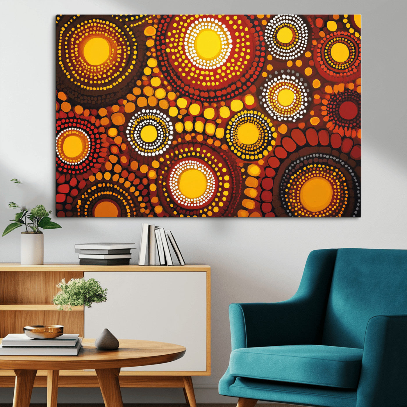 81120549-MGV-CV-36X24-Abstract Dot Painting Wall Art – Vibrant Tribal Boho Style Canvas Print with Sunburst Mandala Circles in Warm Red, Yellow, Orange