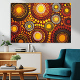 81120549-MGV-CV-36X24-Abstract Dot Painting Wall Art – Vibrant Tribal Boho Style Canvas Print with Sunburst Mandala Circles in Warm Red, Yellow, Orange