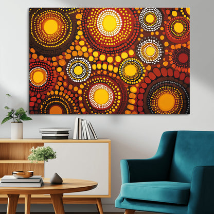 81120549-MGV-CV-36X24-Abstract Dot Painting Wall Art – Vibrant Tribal Boho Style Canvas Print with Sunburst Mandala Circles in Warm Red, Yellow, Orange