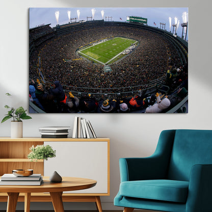 14387817-MGV-CV-36X24-Lambeau Field Stadium Wall Art – Green Bay Packers Game Day Canvas Print with Fireworks and Crowd – NFL Football Fan Man Cave