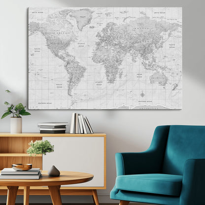 10516725-MGV-CV-36X24-Black and White World Map Wall Art – Minimalist Grayscale Canvas Print – Modern Detailed Travel Map Poster for Home, Office, or