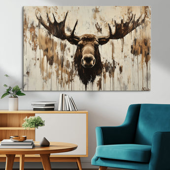 34496536-MGV-CV-36X24-Rustic Moose Wall Art – Modern Abstract Animal Canvas Print – Majestic Moose Head Painting with Neutral Earth Tones for Cabin,
