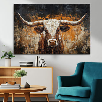 25265572-MGV-CV-36X24-Longhorn Bull Wall Art – Rustic Western Texas Steer Canvas Print, Textured Animal Painting for Home, Office, Man Cave or Farmhouse
