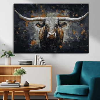 93195031-MGV-CV-36X24-Dark Longhorn Bull Wall Art – Western Steer Canvas Print, Moody Rustic Animal Painting for Man Cave, Ranch House, Office or Modern