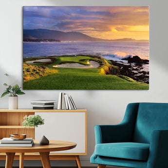 39644075-MGV-CV-36X24-Golf Course Wall Art – Coastal Sunset Canvas Print, Scenic Oceanfront Fairway Landscape Decor for Office, Man Cave, or Living Room