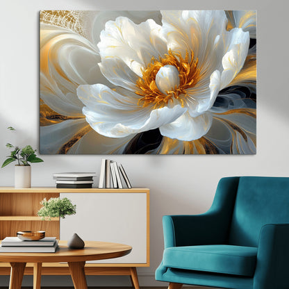39604126-MGV-CV-36X24-Abstract Flower Wall Art – Elegant White and Gold Bloom Canvas Print, Modern Floral Artwork for Bedroom, Living Room, or Office