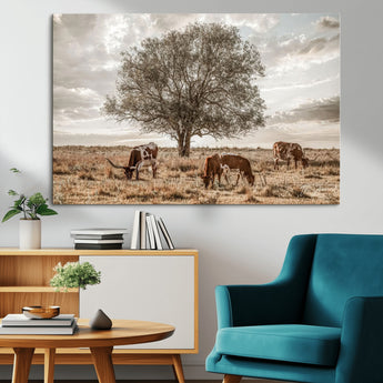 87590224-MGV-CV-36X24-Longhorn Cattle Wall Art – Rustic Western Landscape Canvas Print, Texas Farmhouse Prairie Scene for Living Room, Office, or Ranch
