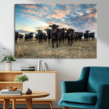 13867292-MGV-CV-36X24-Black Cattle Wall Art – Rustic Ranch Herd Canvas Print, Western Farmhouse Country Landscape Decor for Living Room, Office, or