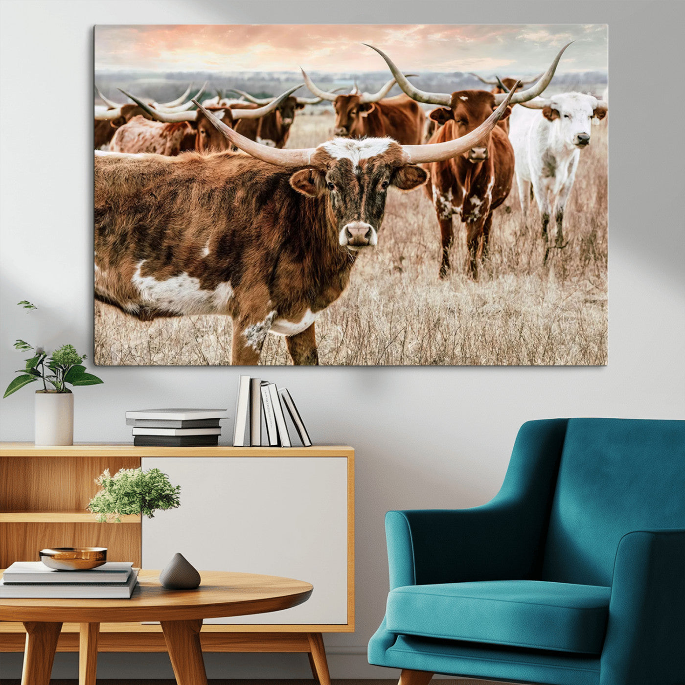 47758300-MGV-CV-36X24-Texas Longhorn Cattle Wall Art – Rustic Western Herd Canvas Print, Cowboy Ranch Farmhouse Decor for Living Room, Office, or