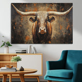 19204445-MGV-CV-36X24-Texas Longhorn Bull Wall Art – Rustic Western Canvas Print, Bold Cowboy Cattle Painting for Ranch House, Farmhouse, Office, or