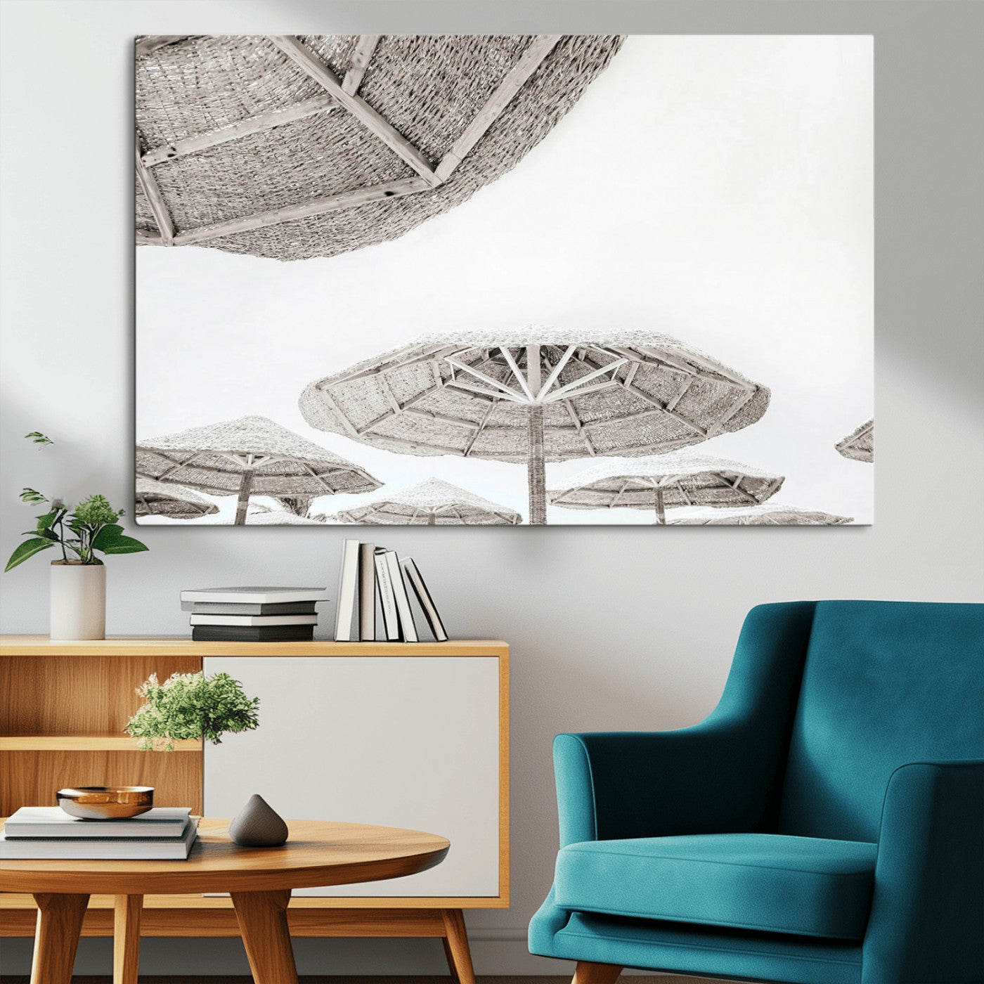 97043123-MGV-CV-36X24-Beach Umbrella Wall Art – Minimalist Coastal Canvas Print, Woven Parasol Summer Decor for Bedroom, Living Room, or Modern Beach