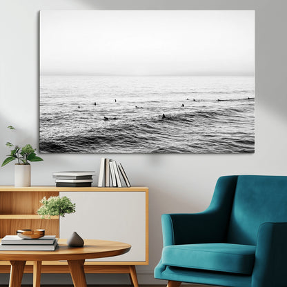 47208268-MGV-CV-36X24-Surfer Ocean Wall Art – Black and White Coastal Canvas Print, Minimalist Surfing Seascape Decor for Living Room, Bedroom, or Beach