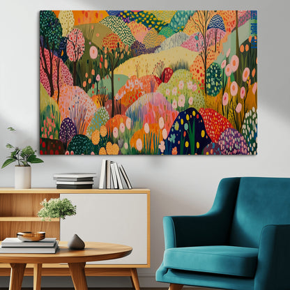 79636380-MGV-CV-36X24-Colorful Abstract Landscape Wall Art – Vibrant Hills and Flowers Canvas Print, Modern Whimsical Artwork for Living Room, Bedroom,