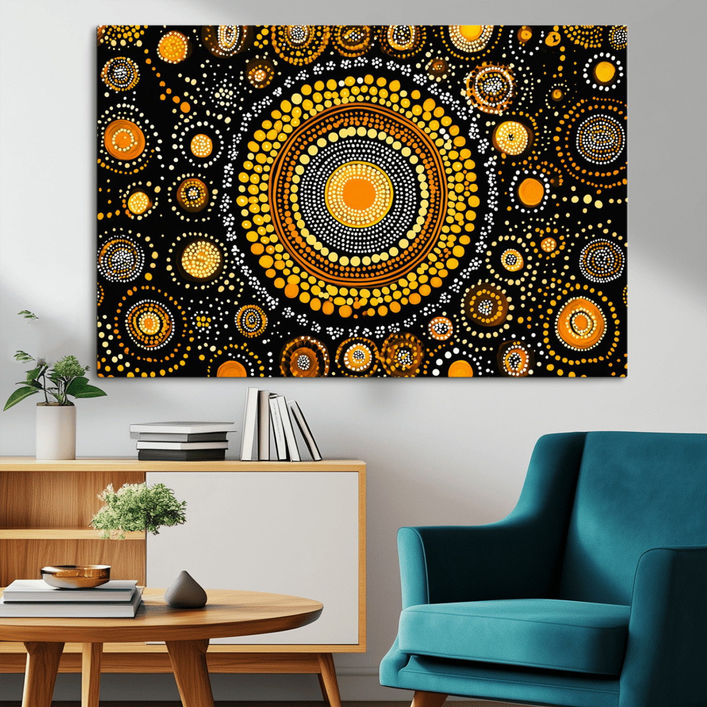 45478523-MGV-CV-36X24-Abstract Circle Wall Art – Bold Black and Gold Dot Painting Canvas Print, Modern Geometric Mandala Style Decor for Living Room or