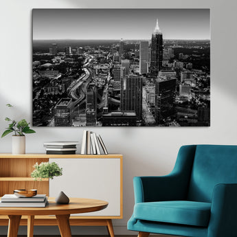 46578567-MGV-CV-36X24-Atlanta Skyline Wall Art – Black and White Cityscape Canvas Print, Modern Urban Night Decor for Office, Living Room, or Apartment