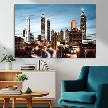23859158-MGV-CV-36X24-Atlanta Skyline Wall Art – Modern Cityscape Canvas Print with Night Lights and Traffic Trails, Urban Decor for Office, Apartment,