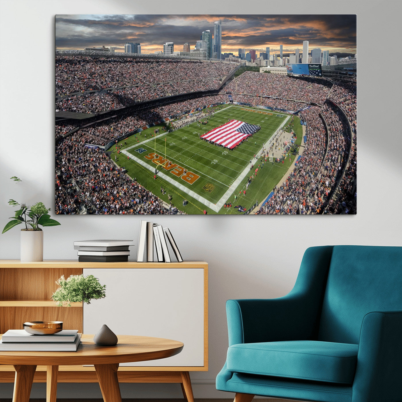 98106777-MGV-CV-36X24-Soldier Field Wall Art – Chicago Bears Stadium Canvas Print with American Flag, Game Day Football Decor for Man Cave, Bar, or