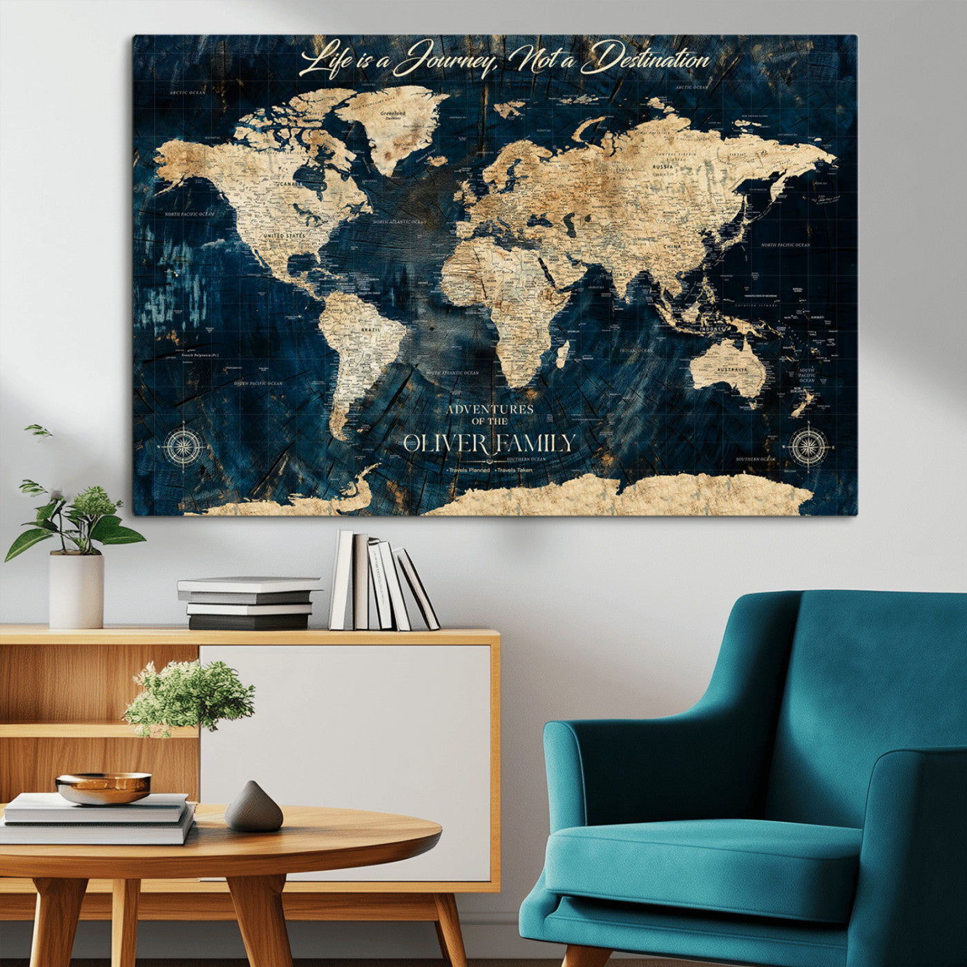 36970886-MGV-CV-36X24-Life is a Journey Not a Destination World Map Rustic Navy Beige Vintage Travel Wall Art Adventure Quote Canvas Print for Home