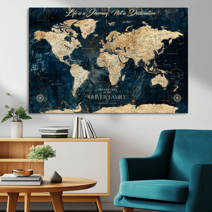 36970886-MGV-CV-36X24-Life is a Journey Not a Destination World Map Rustic Navy Beige Vintage Travel Wall Art Adventure Quote Canvas Print for Home