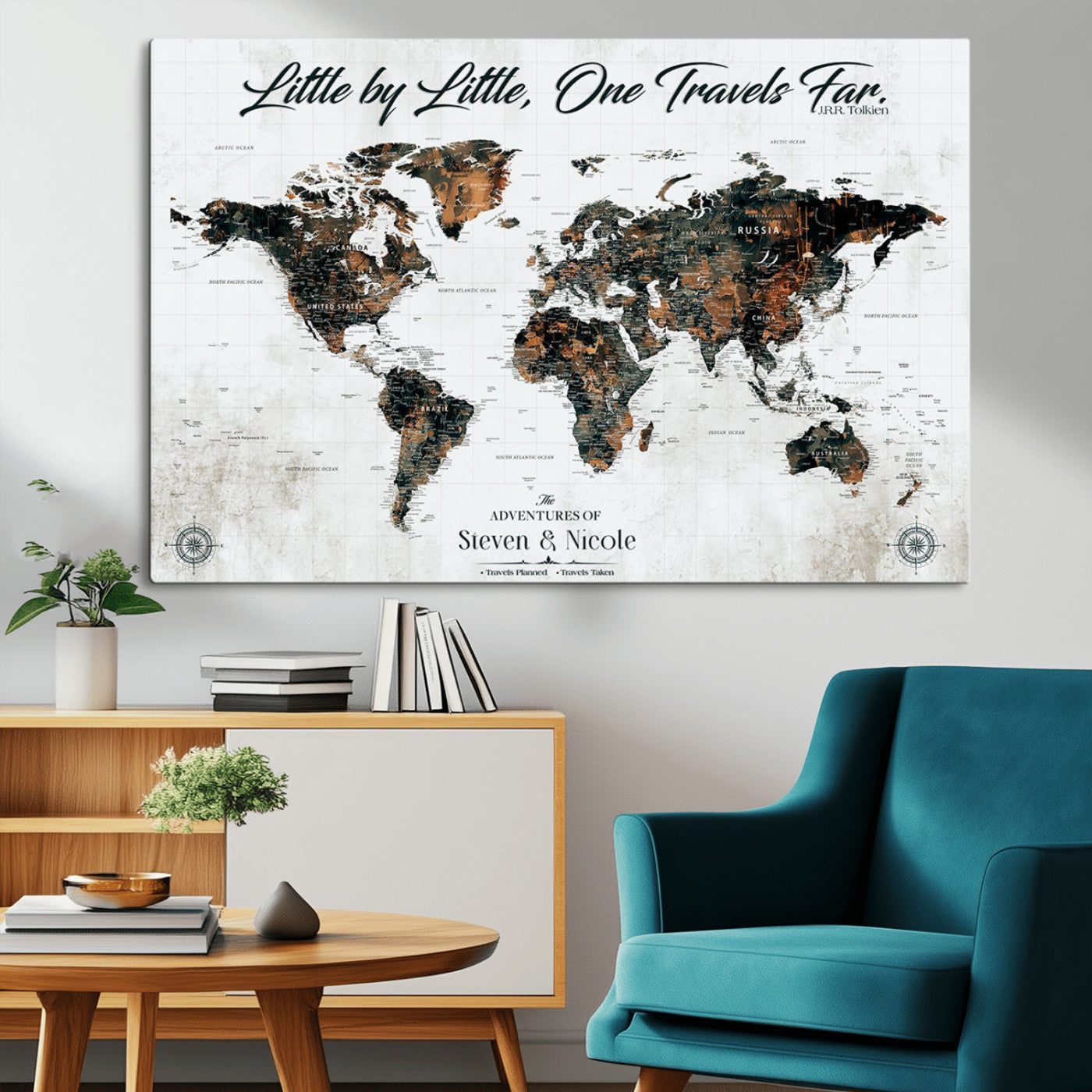 88337180-MGV-CV-36X24-Little by Little One Travels Far Tolkien Quote World Map Rustic Black Brown Adventure Wall Art Canvas Print for Home Office Living