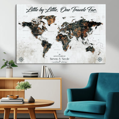88337180-MGV-CV-36X24-Little by Little One Travels Far Tolkien Quote World Map Rustic Black Brown Adventure Wall Art Canvas Print for Home Office Living