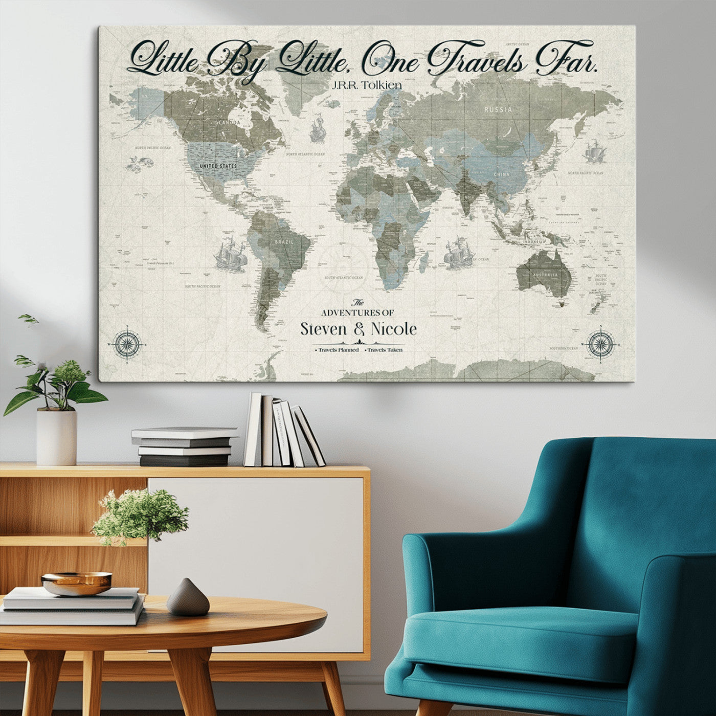10693204-MGV-CV-36X24-Little By Little One Travels Far Tolkien Quote Blue Green World Map Adventure Wall Art Canvas Print Rustic Wanderlust Travel Decor