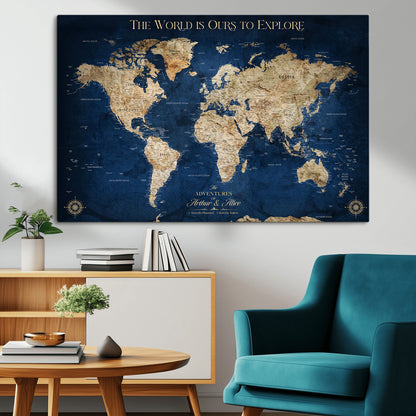 54782997-MGV-CV-36X24-The World is Ours to Explore Wall Art – Blue World Map Canvas Print, Adventure Travel Decor for Home, Office or Living Room,