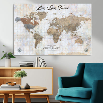 43924907-MGV-CV-36X24-Live Love Travel Wall Art – Neutral World Map Canvas Print, Rustic Adventure Decor for Home, Office or Living Room, Unique Gift