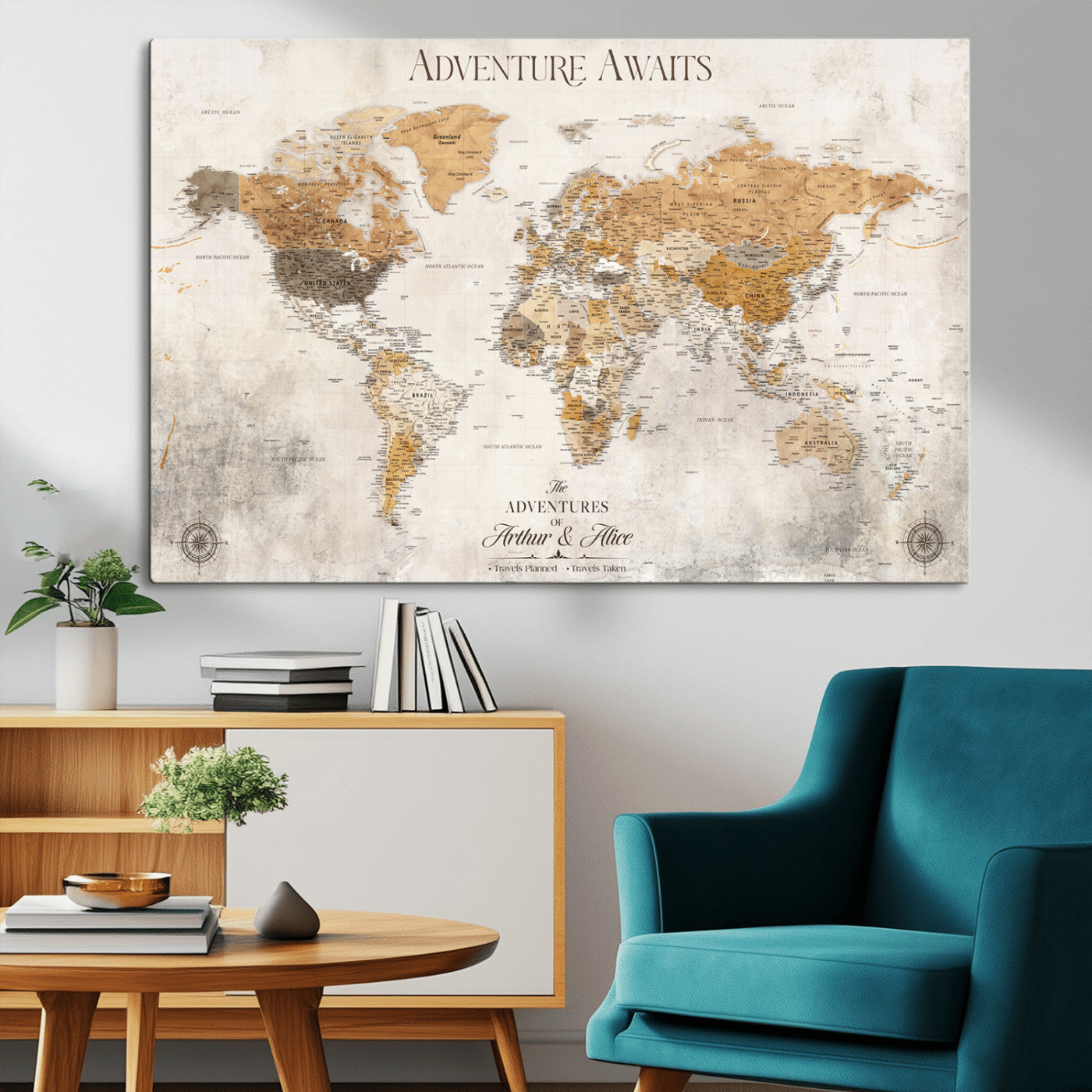 99422096-MGV-CV-36X24-Adventure Awaits World Map Wall Art – Neutral Beige Canvas Print, Modern Travel Inspired Wall Decor for Living Room, Bedroom or