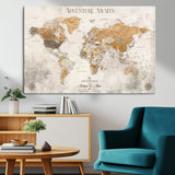 99422096-MGV-CV-36X24-Adventure Awaits World Map Wall Art – Neutral Beige Canvas Print, Modern Travel Inspired Wall Decor for Living Room, Bedroom or