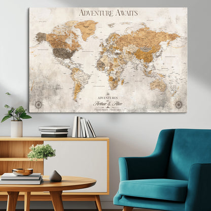 99422096-MGV-CV-36X24-Adventure Awaits World Map Wall Art – Neutral Beige Canvas Print, Modern Travel Inspired Wall Decor for Living Room, Bedroom or