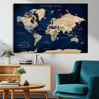 43160428-MGV-CV-36X24-Adventure Awaits Navy Blue World Map – Vibrant Travel Canvas Wall Art, Antique Atlas Print, Wanderlust Decor for Home Office