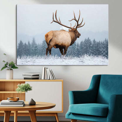 85177251-MGV-CV-36X24-Elk Wall Art – Majestic Wildlife Canvas Print of Bull Elk Snowy Forest, Rustic Nature Decor for Living Room, Cabin, or Office