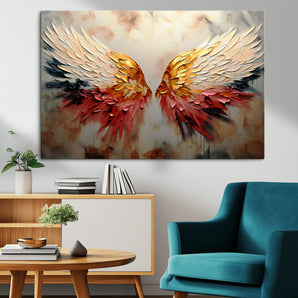 91020932-MGV-CV-36X24-Angel Wings Wall Art – Abstract Colorful Canvas Print with Gold and Red Feathers, Modern Spiritual Decor for Living Room, Bedroom,