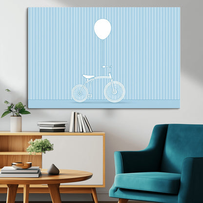 56479838-MGV-CV-36X24-Bicycle Wall Art – Minimalist Blue Canvas Print with Balloon Illustration, Modern Decor Artwork for Kids Room, Nursery, or Living