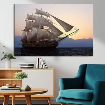 31270610-MGV-CV-36X24-Sailing Ship Wall Art – Sunset Seascape Canvas Print with Tall Ship at Sea, Nautical Ocean Decor for Living Room, Office, or