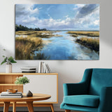 87082041-MGV-CV-36X24-Marshland Landscape Wall Art – Serene Nature Canvas Print with Blue Sky and Reflections, Tranquil Scenic Painting for Living Room,