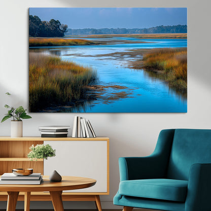 26300004-MGV-CV-36X24-Marshland Landscape Wall Art – Scenic Nature Canvas Print with Golden Grass and Blue Water, Peaceful River Photography for Living