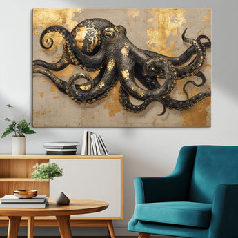 57944271-MGV-CV-36X24-Octopus Wall Art – Black and Gold Nautical Canvas Print, Modern Ocean Inspired Artwork with Elegant Detailing, Coastal Marine