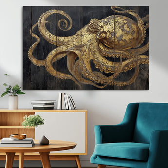 47056538-MGV-CV-36X24-Octopus Canvas Wall Art – Gold Detail, Wooden Texture, Marine Life, Ocean Creature Tentacles, Nautical Coastal Rustic Decor for